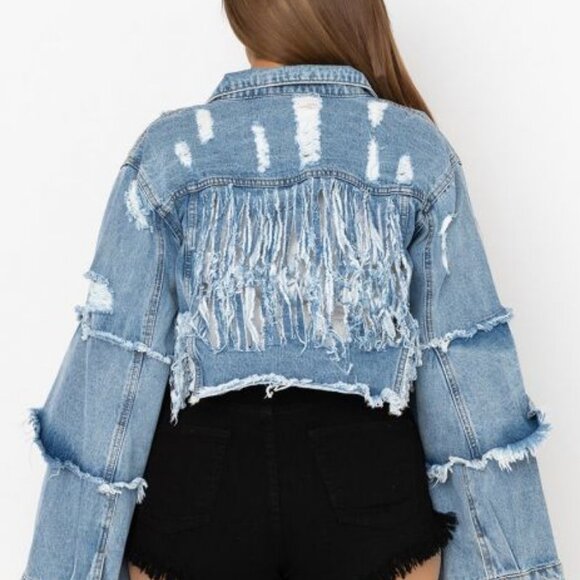 PLUS PATCHWORK ULTRA  CROPPED BELL SLEEVE DENIM JACKET - Picture 4 of 7